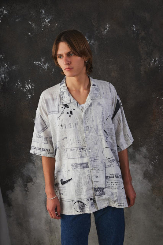 Porter Classic MONSIEUR KURATA COTTON LINEN SHORT SLEEVE SHIRT棉麻新聞印花開襟短袖襯衫