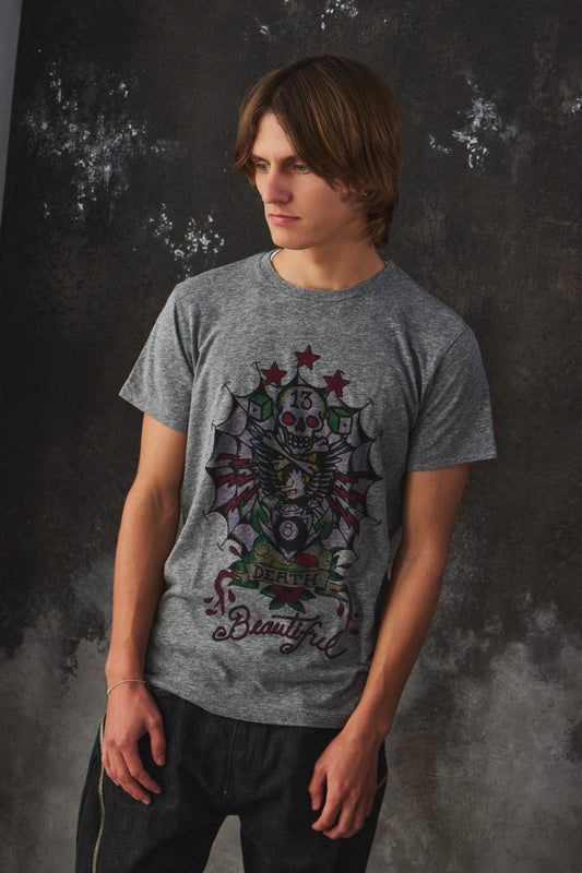 Ed Hardy "Beautiful Death" Tattoo Graphic Heather Grey Tee 刺繡印花雜灰短T