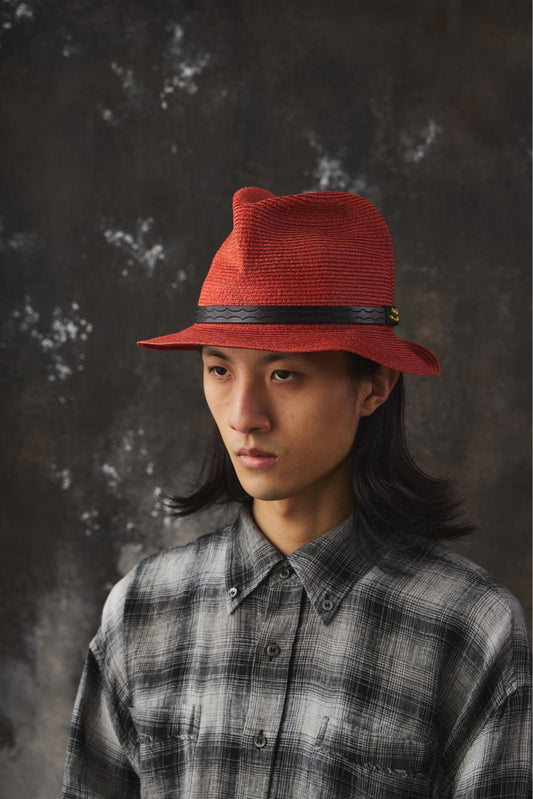 CALEE Studded Leather-Trimmed Linen Hat 亞麻編織皮革鉚釘飾邊紳士帽