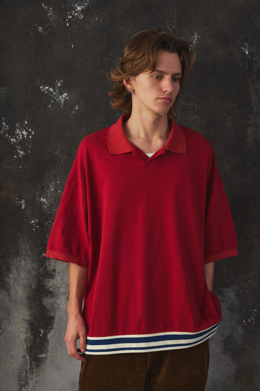 Name. Indian Cotton Kanoko Big Polo Shirt Red 日本時尚品牌 紅色棉質鹿子織開襟短袖 藍白條紋下擺