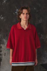 Name. Indian Cotton Kanoko Big Polo Shirt Red 日本時尚品牌 紅色棉質鹿子織開襟短袖 藍白條紋下擺