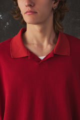 Name. Indian Cotton Kanoko Big Polo Shirt Red 日本時尚品牌 紅色棉質鹿子織開襟短袖 藍白條紋下擺