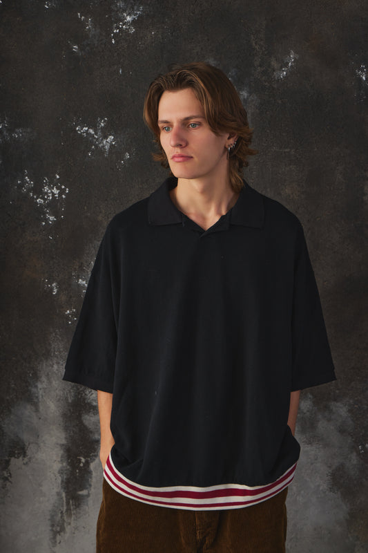 Name Indian Cotton Kanoko Big Polo Shirt Black 日本時尚品牌 黑色棉質鹿子織開襟短袖 紅白條紋下擺