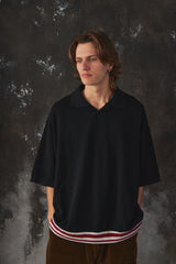 Name Indian Cotton Kanoko Big Polo Shirt Black 日本時尚品牌 黑色棉質鹿子織開襟短袖 紅白條紋下擺