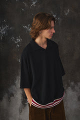 Name Indian Cotton Kanoko Big Polo Shirt Black 日本時尚品牌 黑色棉質鹿子織開襟短袖 紅白條紋下擺