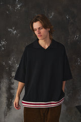 Name Indian Cotton Kanoko Big Polo Shirt Black 日本時尚品牌 黑色棉質鹿子織開襟短袖 紅白條紋下擺