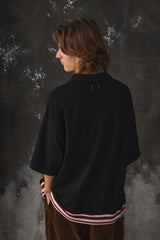 Name Indian Cotton Kanoko Big Polo Shirt Black 日本時尚品牌 黑色棉質鹿子織開襟短袖 紅白條紋下擺