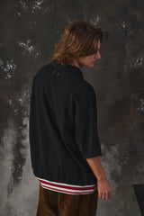 Name Indian Cotton Kanoko Big Polo Shirt Black 日本時尚品牌 黑色棉質鹿子織開襟短袖 紅白條紋下擺