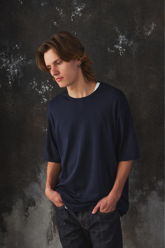 UNITED ARROWS OrganicCotton Narrow Binder T-SHIRT 藍色有機棉窄邊滾領短T