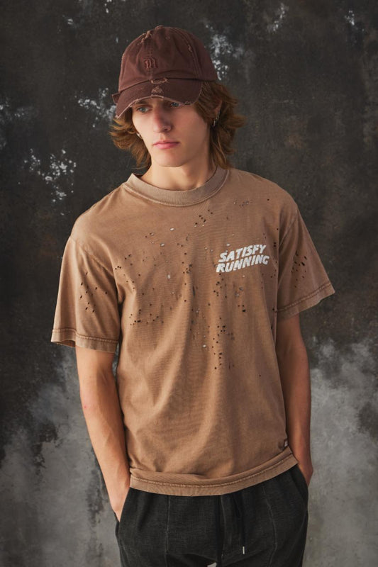 Satisfy MothTech™ Distressed Cotton-Jersey T-Shirt 法國運動品牌 棕色仿舊破壞透氣短T