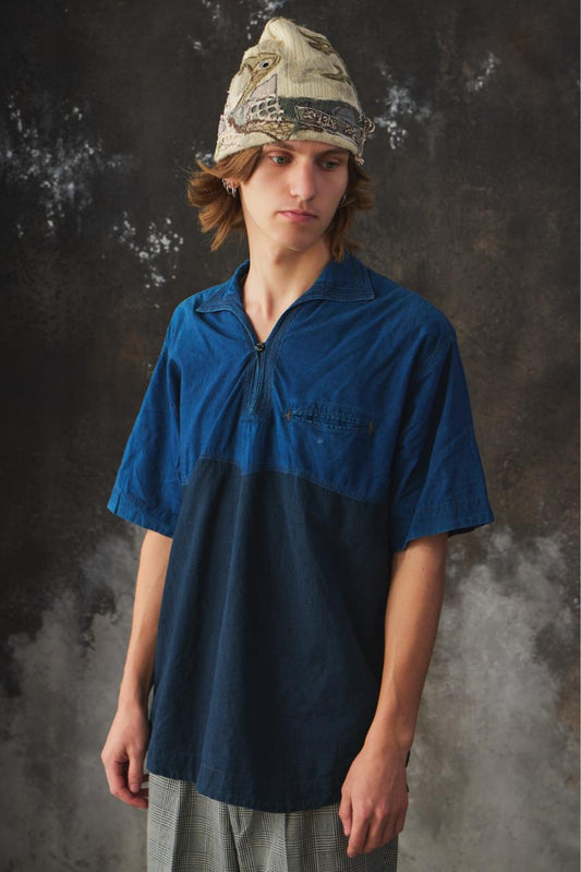 Umii 908 Indigo Two-Tone Pullover Shirt 45R支線 雙色拼接藍染半開襟套頭短袖襯衫