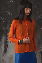 Vintage 70s Long Sharp Collar Crinkled Chiffon Shirt 日本古著亮橘色透膚襯衫
