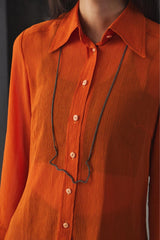 Vintage 70s Long Sharp Collar Crinkled Chiffon Shirt 日本古著亮橘色透膚襯衫