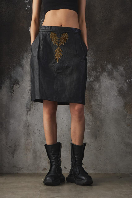 Vintage Embroidered Leather Midi Skirt 手工刺繡拼接皮裙