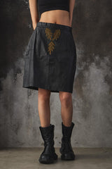 Vintage Embroidered Leather Midi Skirt 手工刺繡拼接皮裙
