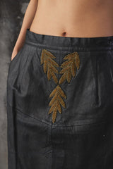 Vintage Embroidered Leather Midi Skirt 手工刺繡拼接皮裙