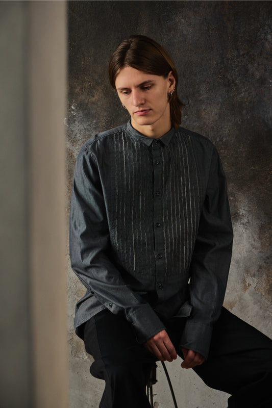 DIESEL S-YORK Pleated Tuxedo Shirt 灰色棉質風琴壓褶立領長袖襯衫