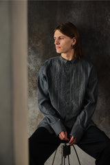 DIESEL S-YORK Pleated Tuxedo Shirt 灰色棉質風琴壓褶立領長袖襯衫