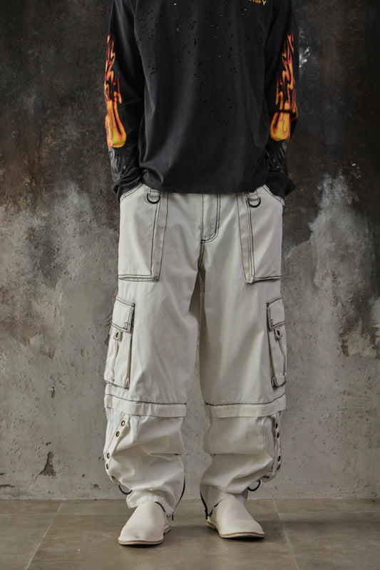 Tripp NYC White Contrast Stitch Zip-Off Cargo Bondage Pants 美國龐克品牌 雙截可拆卸工裝束帶褲