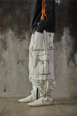 Tripp NYC White Contrast Stitch Zip-Off Cargo Bondage Pants 美國龐克品牌 雙截可拆卸工裝束帶褲