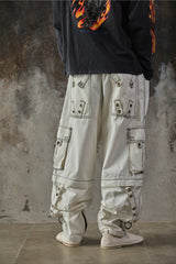 Tripp NYC White Contrast Stitch Zip-Off Cargo Bondage Pants 美國龐克品牌 雙截可拆卸工裝束帶褲