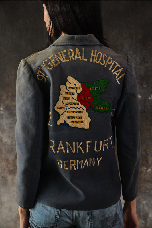 1960s Cold War US Army "97th General Hospital" Germany Souvenir Jacket in French Ink Blue Moleskin (with SCOVILL Zipper)
