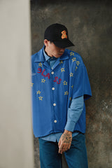 Glass Cypress Blue Nightsky Silk Shirt 美國奢華品牌 藍色滿版星星手刺繡真絲開領襯衫