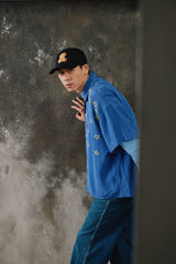 Glass Cypress Blue Nightsky Silk Shirt 美國奢華品牌 藍色滿版星星手刺繡真絲開領襯衫