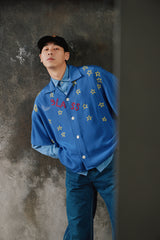 Glass Cypress Blue Nightsky Silk Shirt 美國奢華品牌 藍色滿版星星手刺繡真絲開領襯衫