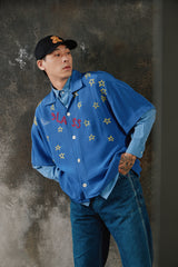 Glass Cypress Blue Nightsky Silk Shirt 美國奢華品牌 藍色滿版星星手刺繡真絲開領襯衫