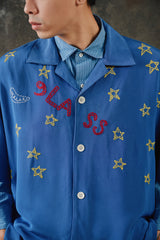 Glass Cypress Blue Nightsky Silk Shirt 美國奢華品牌 藍色滿版星星手刺繡真絲開領襯衫