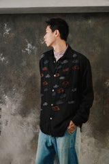 Glass Cypress Gustav Flannel 'Black'Embroidered Shirt 美國奢華品牌 黑色純羊毛滿版魚群刺繡長袖襯衫