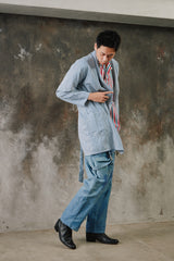 Blue White Stripe Loose Long Jacket 藍白細條紋寬鬆大衣