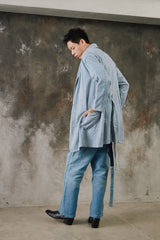 Blue White Stripe Loose Long Jacket 藍白細條紋寬鬆大衣