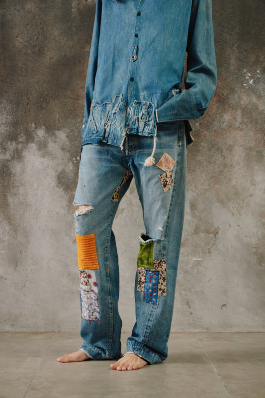 1966-1968 Levi's 501 Big E "Transitional" V-Stitch Single-Stitched Jeans with Grunge Patchwork 李維斯 大E 過渡期 油漬搖滾風格拼接牛仔褲