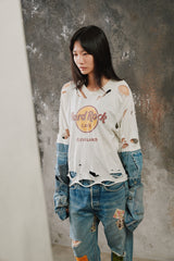 Vintage Hard Rock Tee Cleveland Denim Patchwork Top 古著破壞丹寧拼接袖上衣