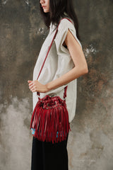 Tylie Malibu Red Fringe Leather Bucket Bag