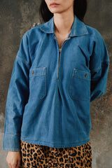 Vintage 1960s-70s Fristads Swedish Blue Cotton Twill Zip Work Jacket 雙口袋工裝拉鍊夾克 瑞典製