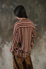 POÈTE Shiatzy Chen Retro 70s Point Collar Brown Striped Fluid Shirt 夏姿 70s 復古尖領可可棕條紋單口袋長袖襯衫