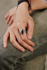 Vintage Art Deco Marquise Black Stone Sterling Silver 925 Ring 幾何菱形太陽紋黑石純銀戒