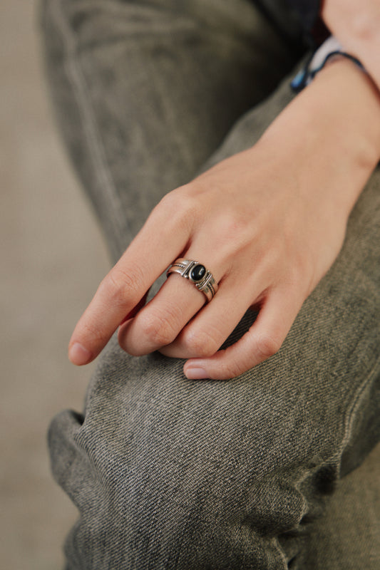 Retro Twisted Rope Hematite Sterling Silver 925 Ring 復古巴洛克黑石純銀寬版戒