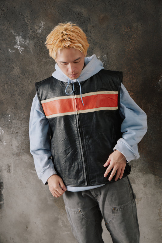 Vintage Euro Stars Leather Motorcycle Vest Style Orange Stripe 古著機車橙白條紋牛皮夾克