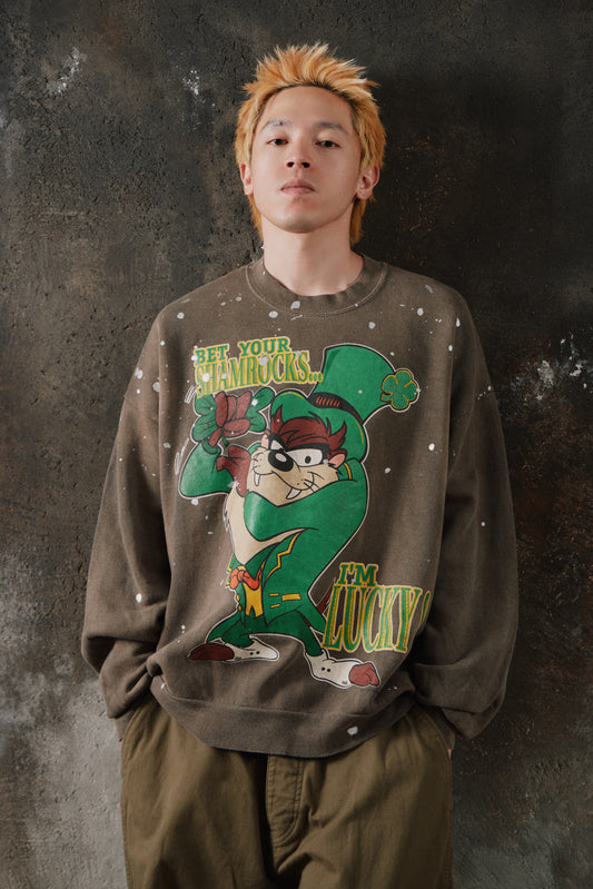 Modesty Industry Reworked Vintage 90s Looney Tunes Tasmanian Devil Splatter Sweatshirt 美國製 華納兄弟卡通酸洗潑墨做舊古著衛衣