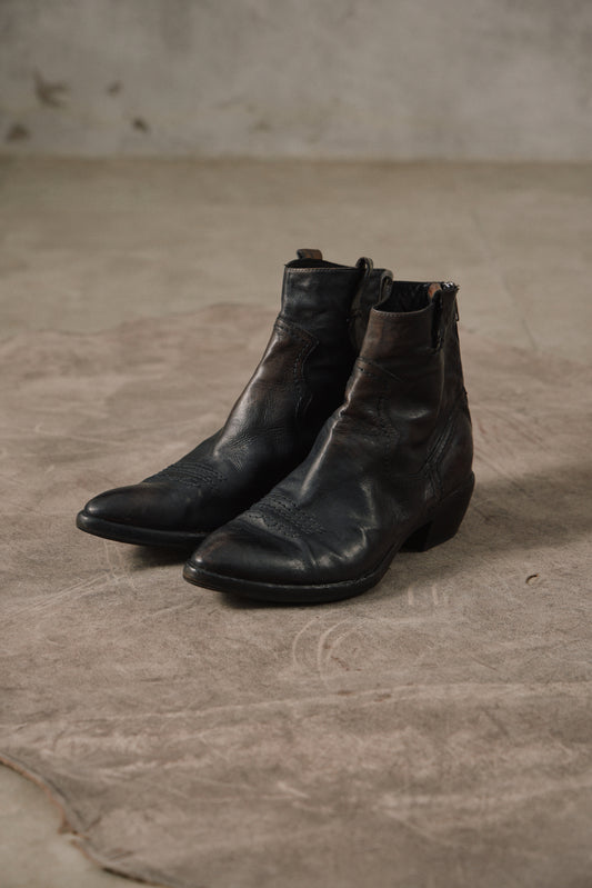 Vero Cuoio Black Washed Leather Back-Zip Ankle Western Cowboy Boots 後拉鏈手工水洗黑牛皮尖頭牛仔靴 意大利製
