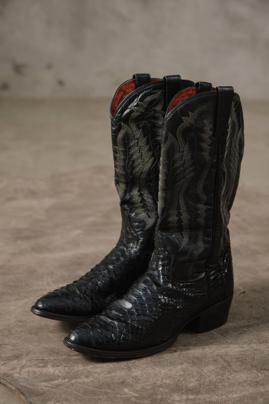 Dan Post Women's Cleo Python Leather Western Boots 復古黑色蟒蛇皮西部牛仔長靴 墨西哥製