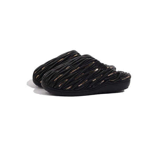 SUBU ANQUET BLACK warm water-repellent leather slippers ripple black gold