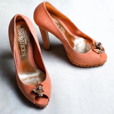 Alexander McQueen Coral Velour High Heels Sandal 亞歷山大·麥昆 麂皮珊瑚橘 骷髏鑽飾高根涼鞋