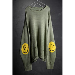 KAPITAL Smiley Patch Knit Distressed Sweatshirt Crewneck Smiley Patch Knit Distressed Sweatshirt Crewneck