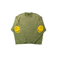 KAPITAL Smiley Patch Knit Distressed Sweatshirt Crewneck Smiley Patch Knit Distressed Sweatshirt Crewneck