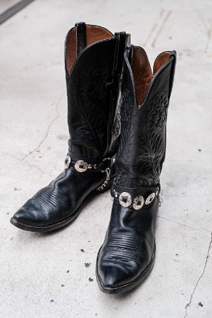 Black Leather Harness Cowboy Boots with Silver Conchos復古黑色皮革銀飾裝飾西部靴 美國製